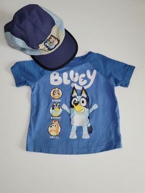 jumping beans Blue Graphic Tee And Hat with Bluey Characters 12 Months